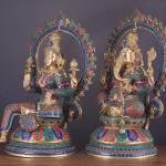 Pure Brass Ganesh Lakshmi Idol Pair with Meenakari Stonework – 27" Height